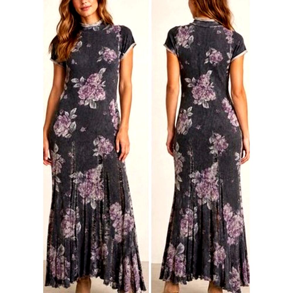 Free People Purple Floral Maxi Dress Whimsygoth Dark Fairy Grunge Vamp Witchy S